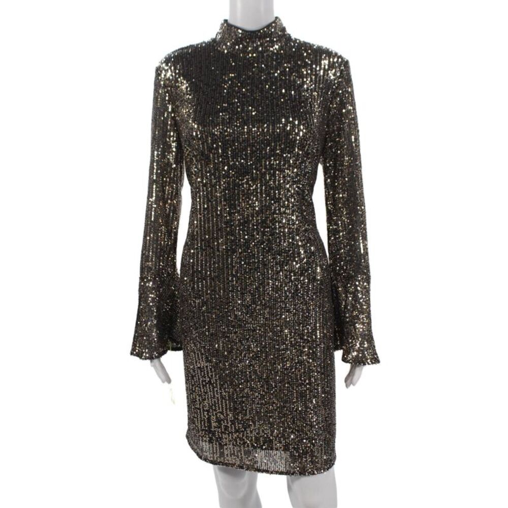 Compli K Womens Petite Sequin Mock Neck Long Sleeve Shift Dress Black Size XS